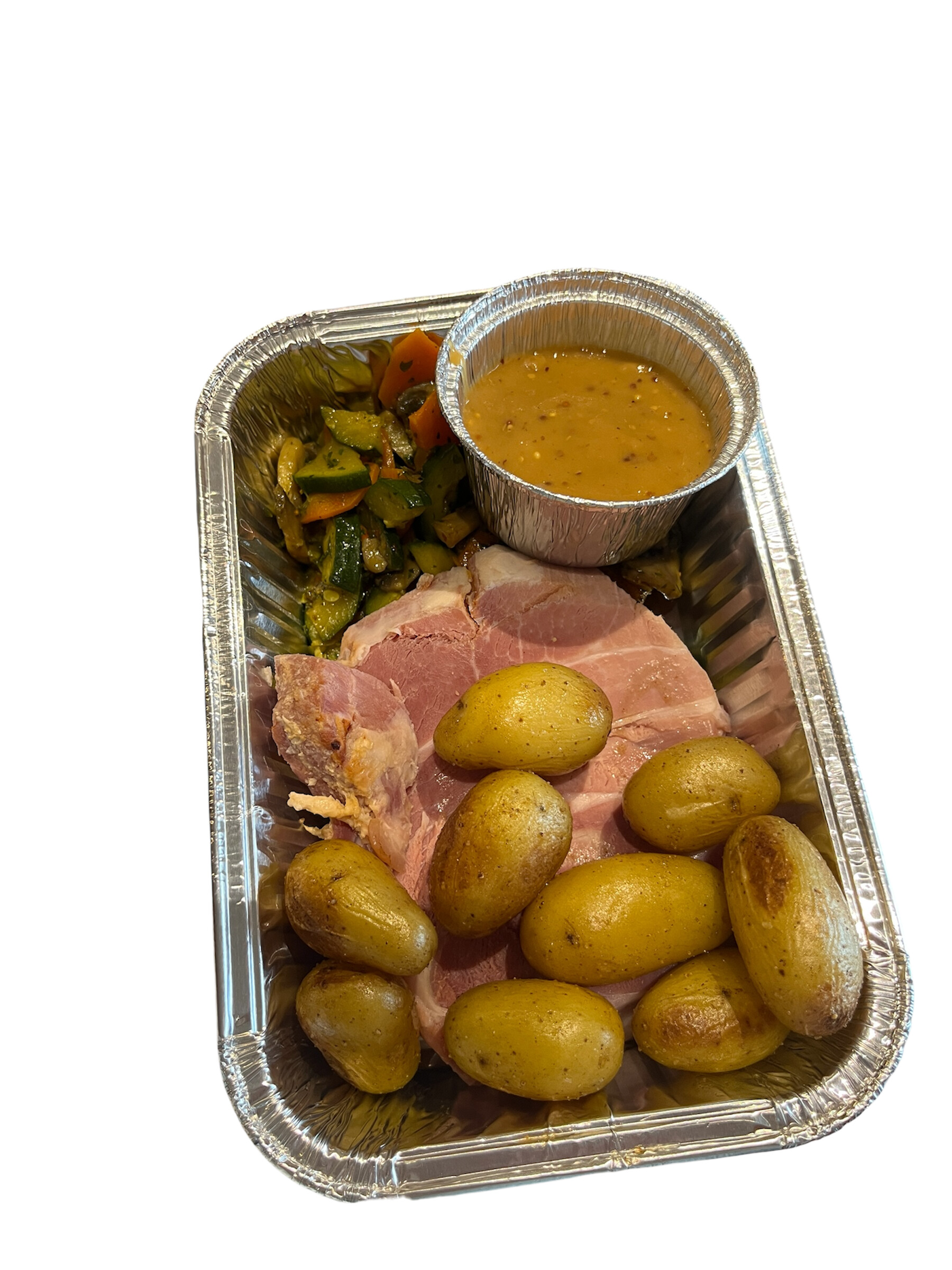 Jambon à l'os 1 pers. pommes de terre grenailles et poélée de légumes, sauce moutarde