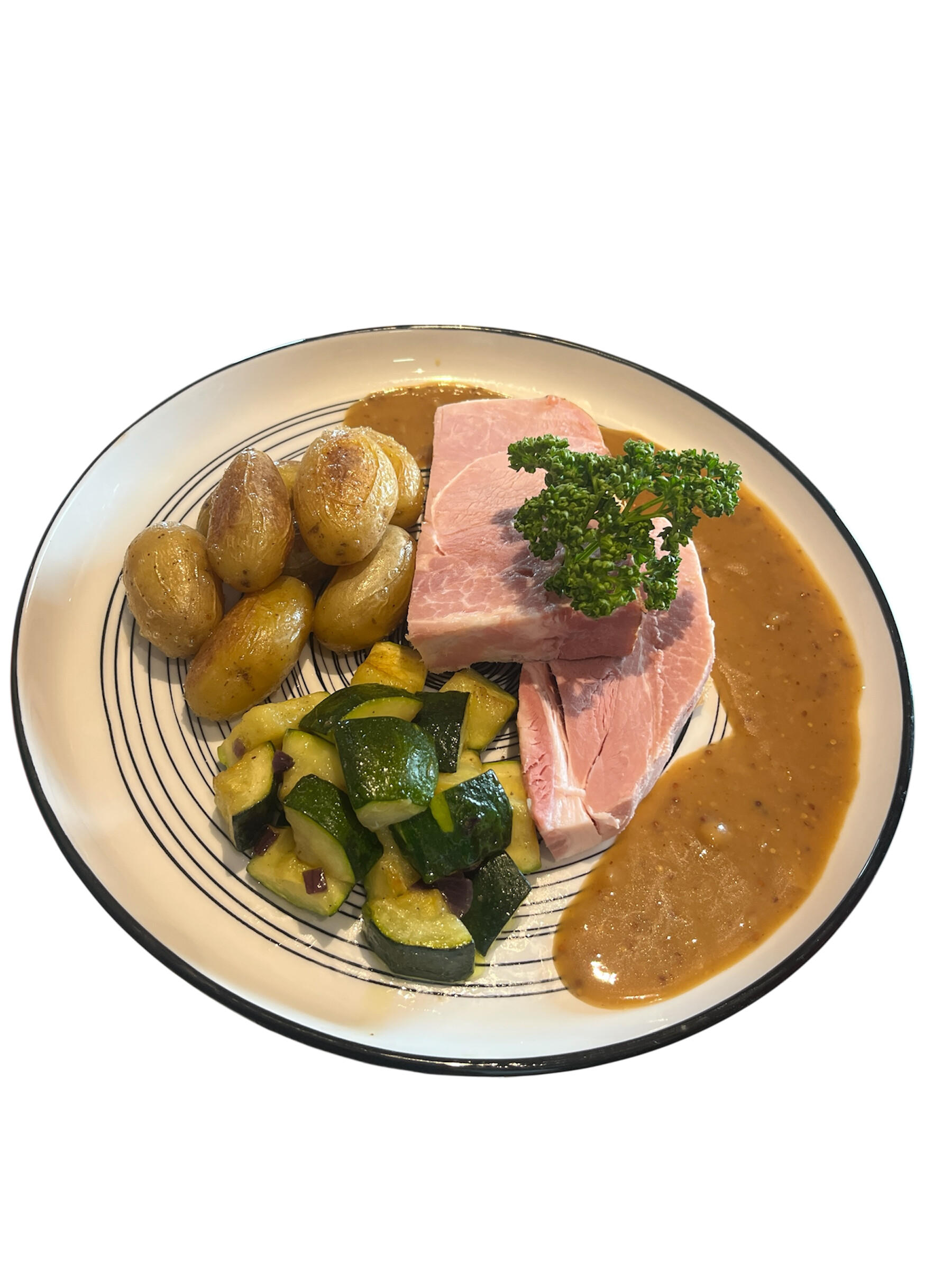 Jambon à l'os 1 pers. sauce à l'ancienne, courgettes et pommes de terre grenaille
